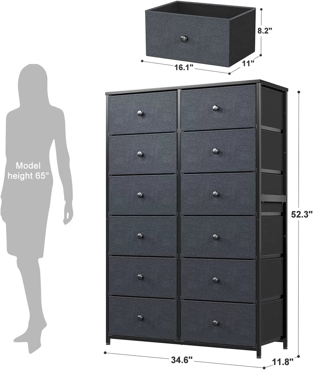12 Drawer Fabric Dresser with Wood Top and Metal Frame T990
