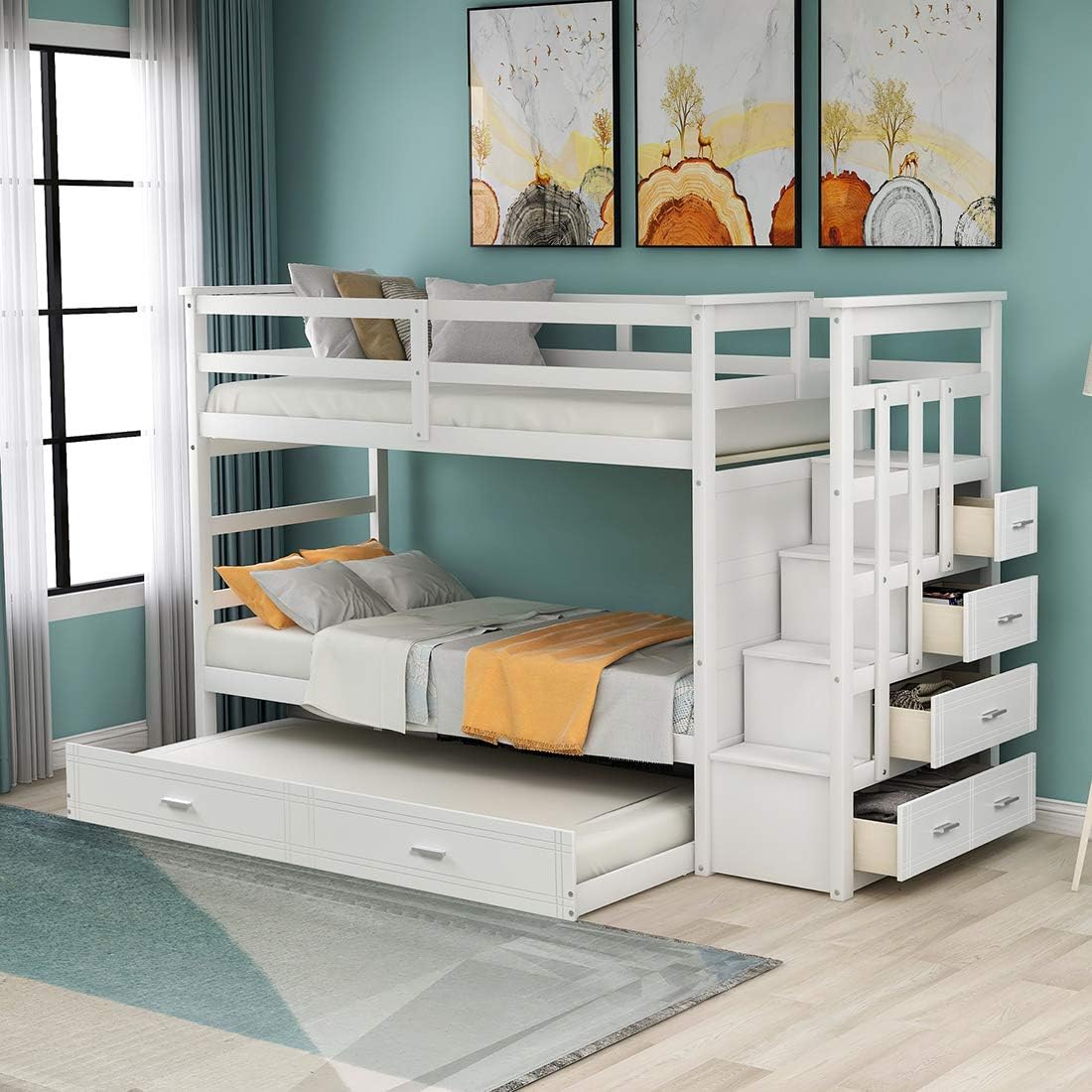 Twin Over Twin Bunk Bed with Trundle and Staircase O457346