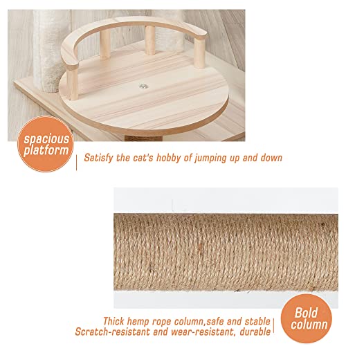Wooden Large Cat Tree Floor to Ceiling Cat Tower Height Adjustable with Natural Sisal Rope Scratching Post Cozy Bed J840774
