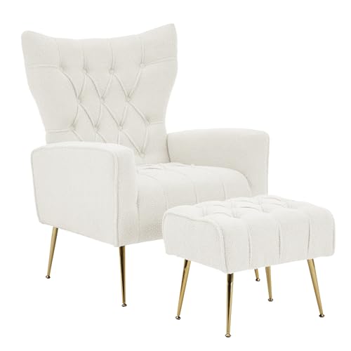 White Upholstered Boucle High Wingback Armchair with Gold Metal Legs F44254