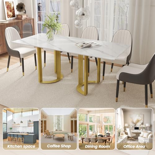 63" White Marble Dining Table with Gold Trestle Pedestal W6016