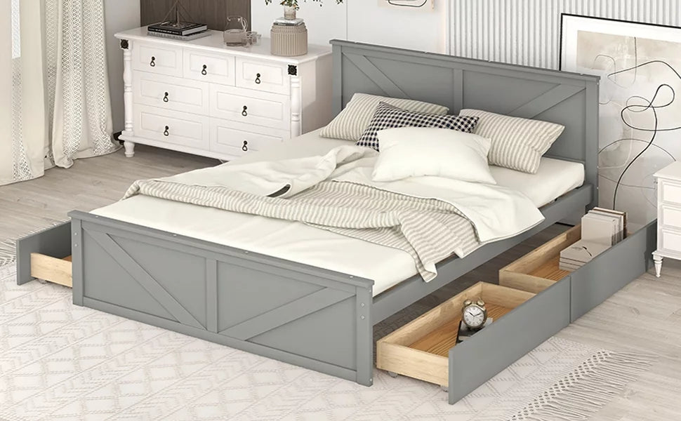 Wood Queen Bed Frame with 4 Storage Drawers V7890