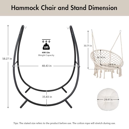 Macrame Hammock Chair with Stand, Heavy Duty Hanging Chair Stand, Includes Seat Cushion, Max 400 Lbs, Natural Y588754