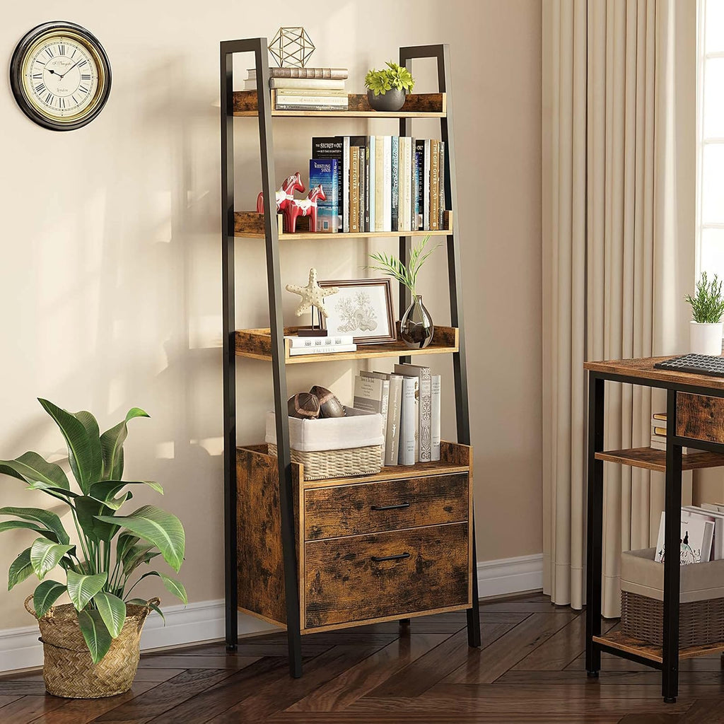 4 Tier Wood Ladder Shelf with 2 Drawers M2335