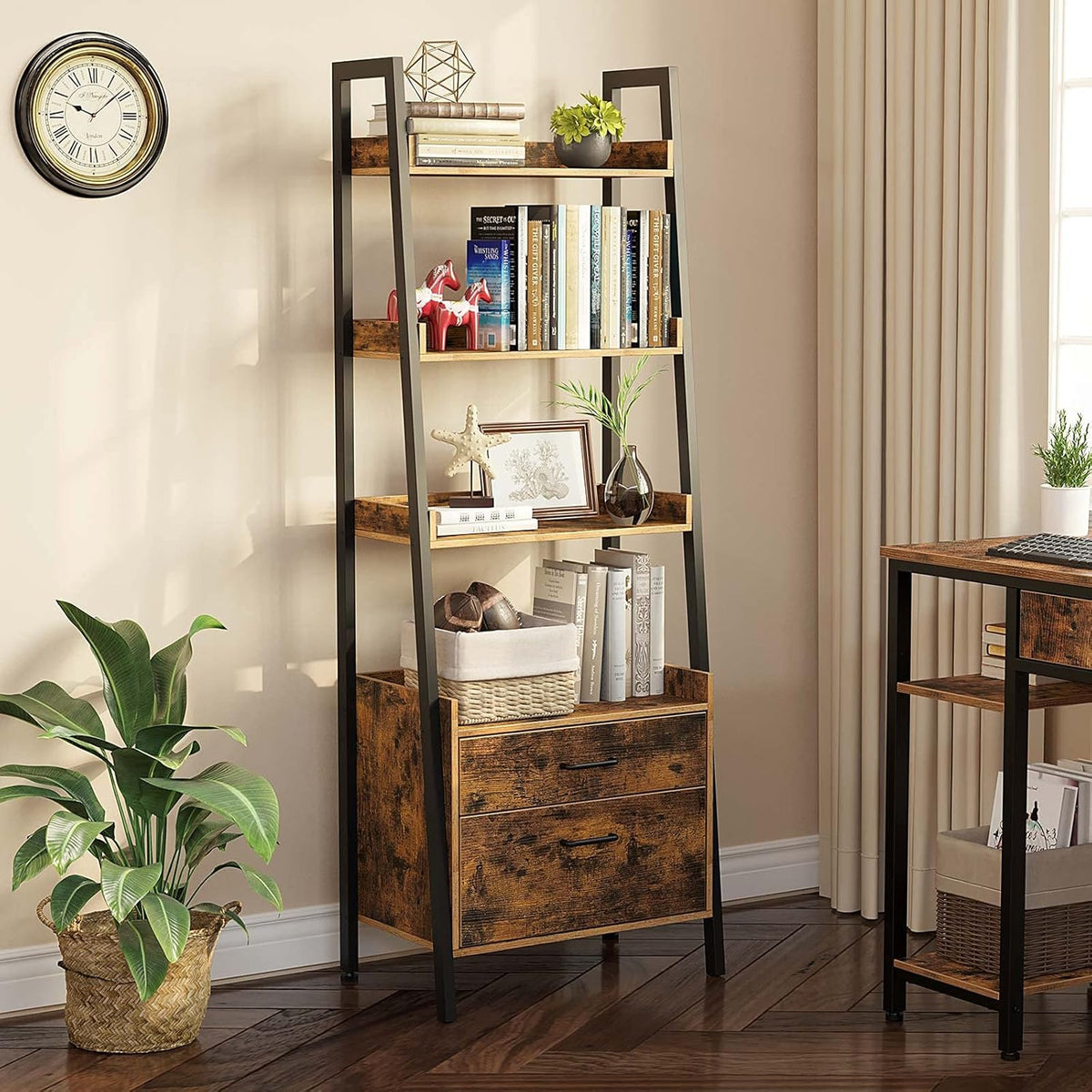 4 Tier Wood Ladder Shelf with 2 Drawers M2335