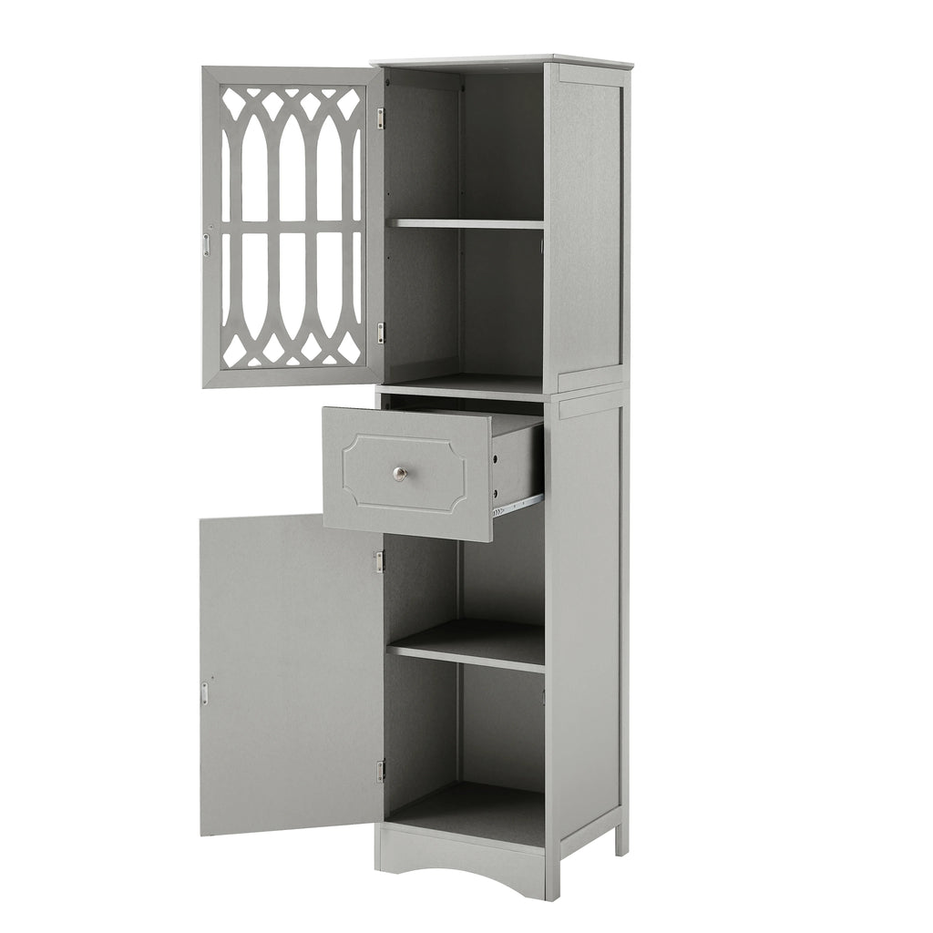 Tall Bathroom Storage Cabinet with Doors Drawers Wood Floor Freestanding Organizer I47954
