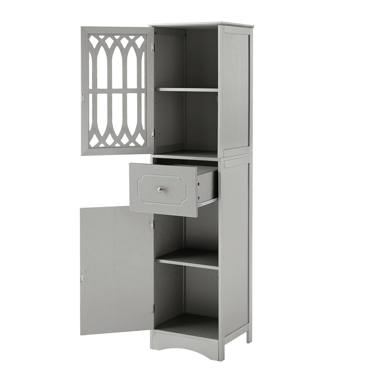 Tall Bathroom Storage Cabinet with Doors Drawers Wood Floor Freestanding Organizer I47954