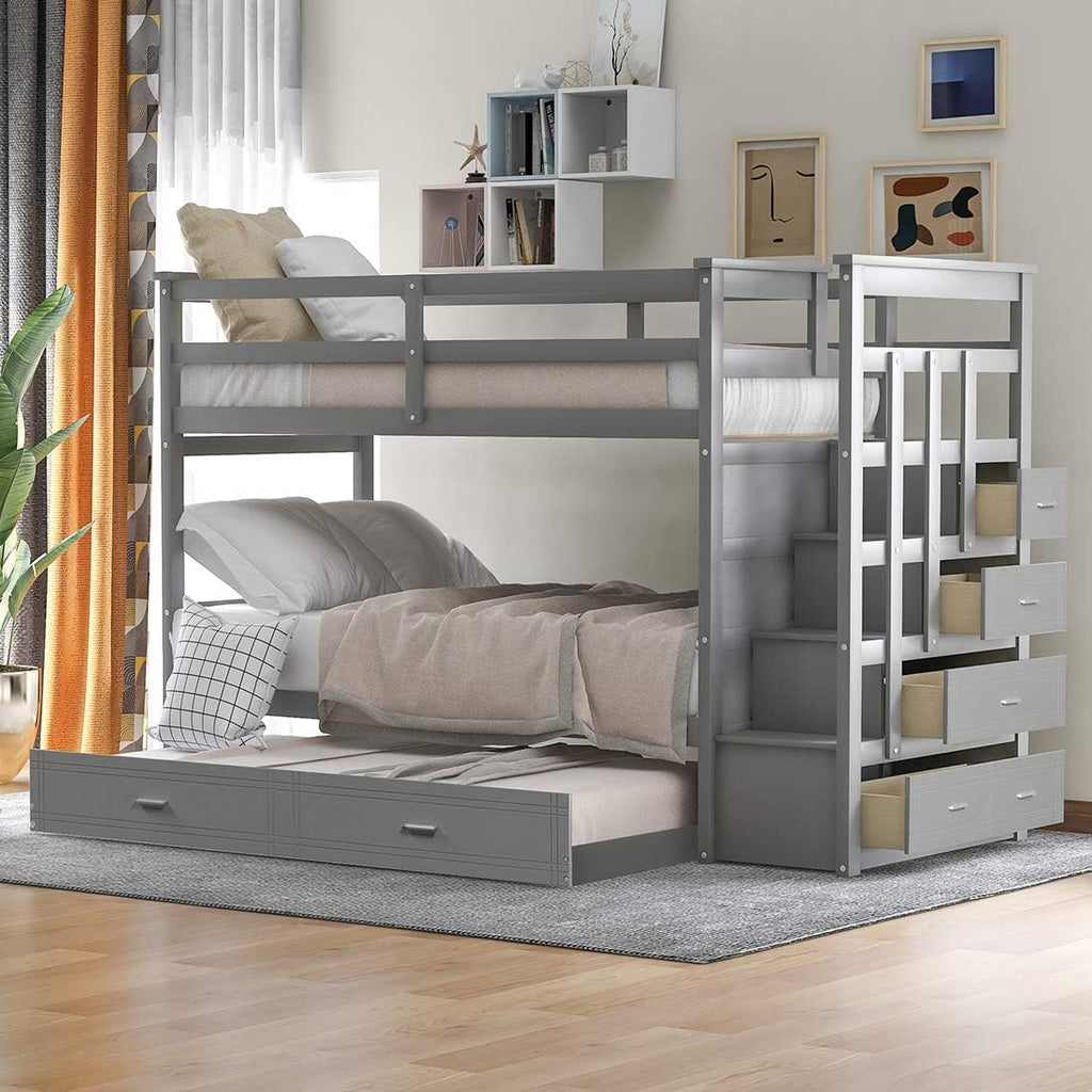 Twin Over Twin Bunk Bed with Trundle and Staircase O457346
