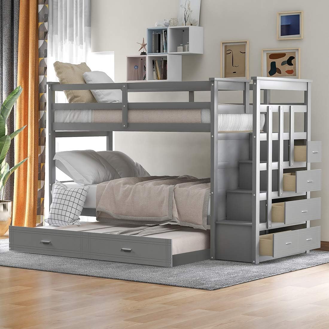 Twin Over Twin Bunk Bed with Trundle and Staircase O457346