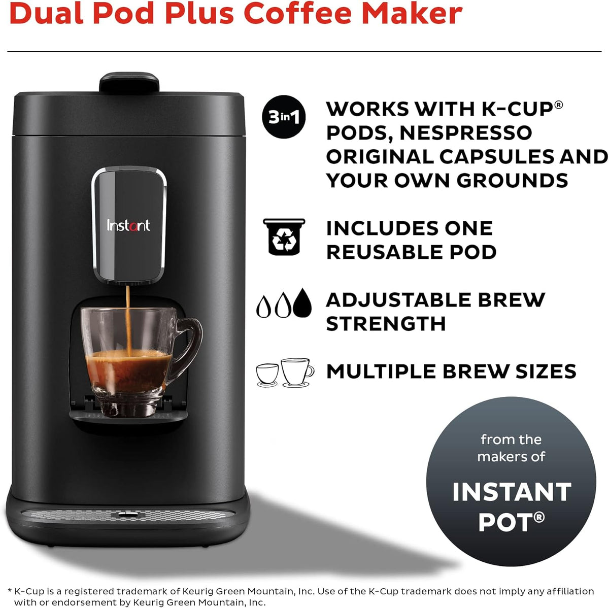 3-in-1 Espresso, K-Cup Pod and Ground Coffee Maker with Reusable Coffee Pod, 2 to 12oz Brew Sizes, 68oz Reservoir W3527