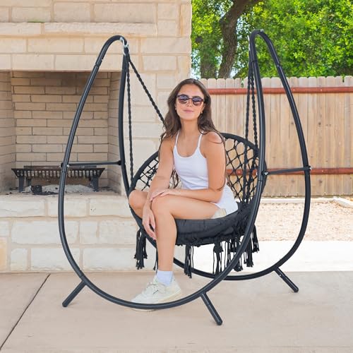 Macrame Hammock Chair with Stand, Heavy Duty Hanging Chair Stand, Includes Seat Cushion, Max 400 Lbs, Natural Y588754