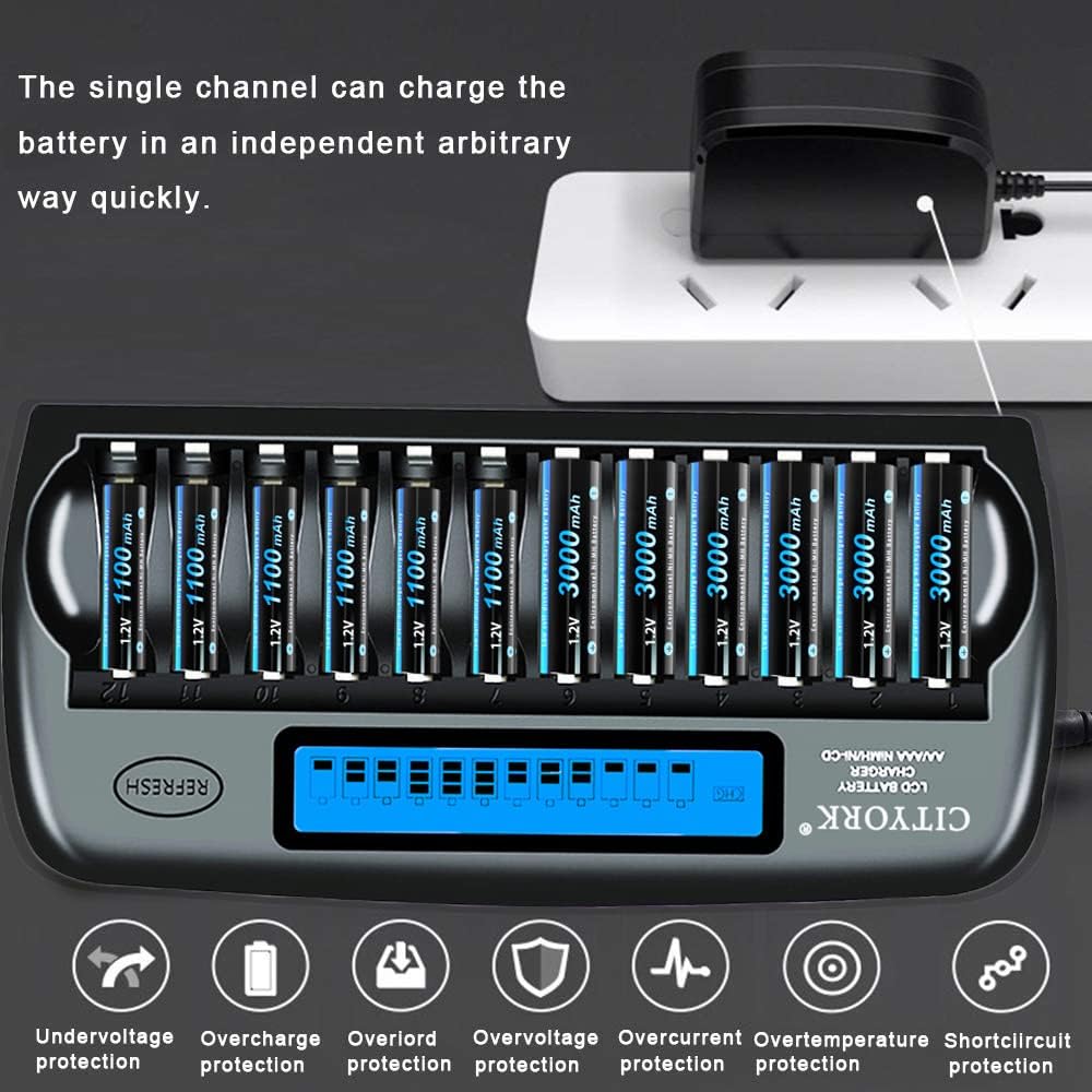 12 Slot LCD Smart Rechargeable Battery Charger for AA AAA NiMH NiCD I68789