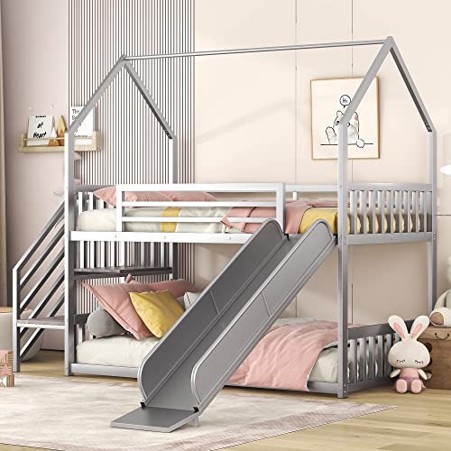 Twin Over Twin Metal Bunk Bed with Slide and Storage Staircase Y963