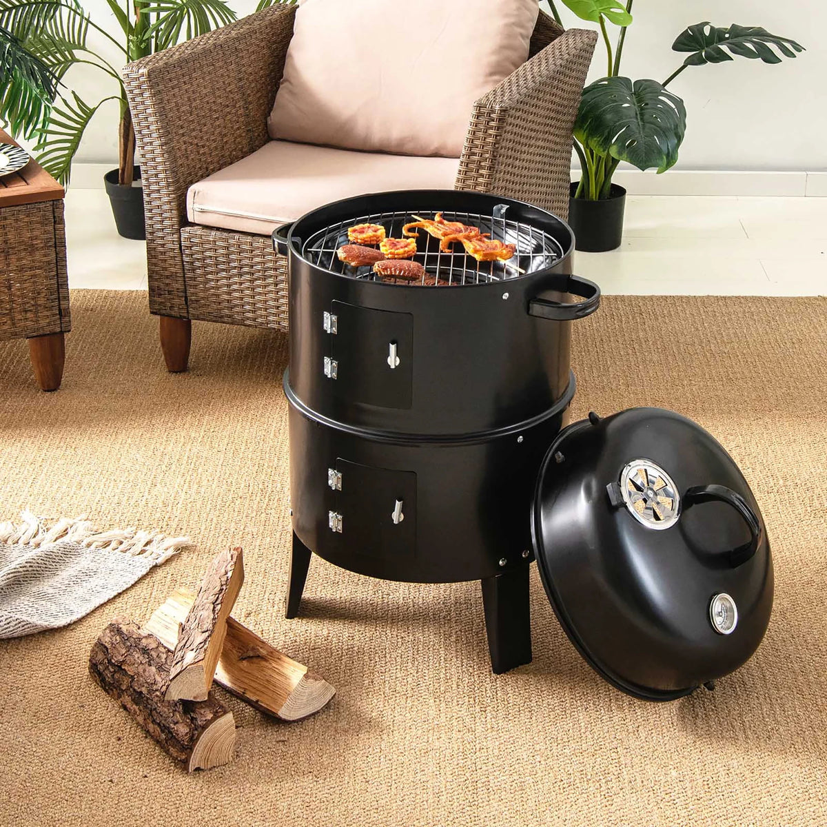 3-in-1 Vertical Charcoal Smoker Grill with 2 Layer J740