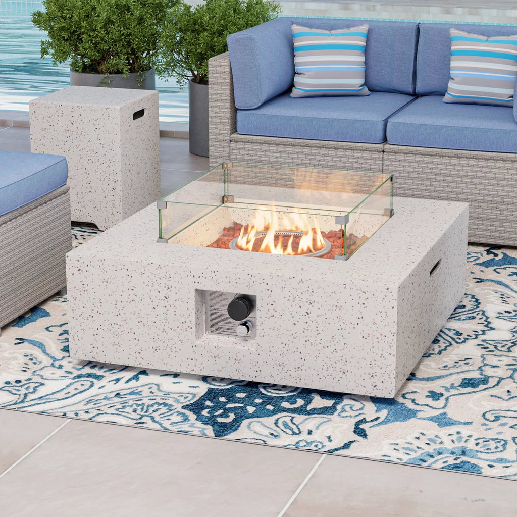 35-inch Square Terrazzo White Propane Fire Pit with Wind Guard and Side Table F5936