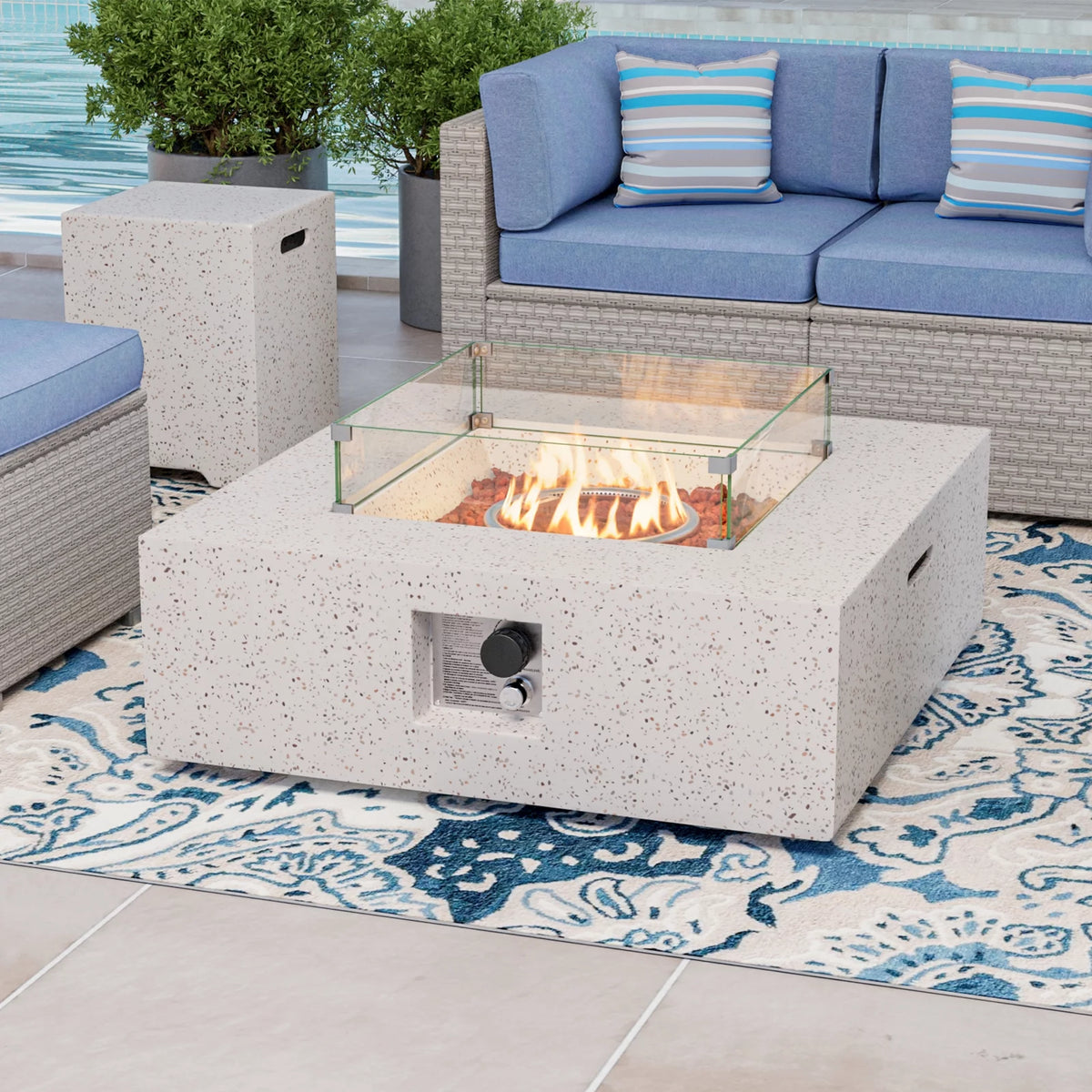 35-inch Square Terrazzo White Propane Fire Pit with Wind Guard and Side Table F5936