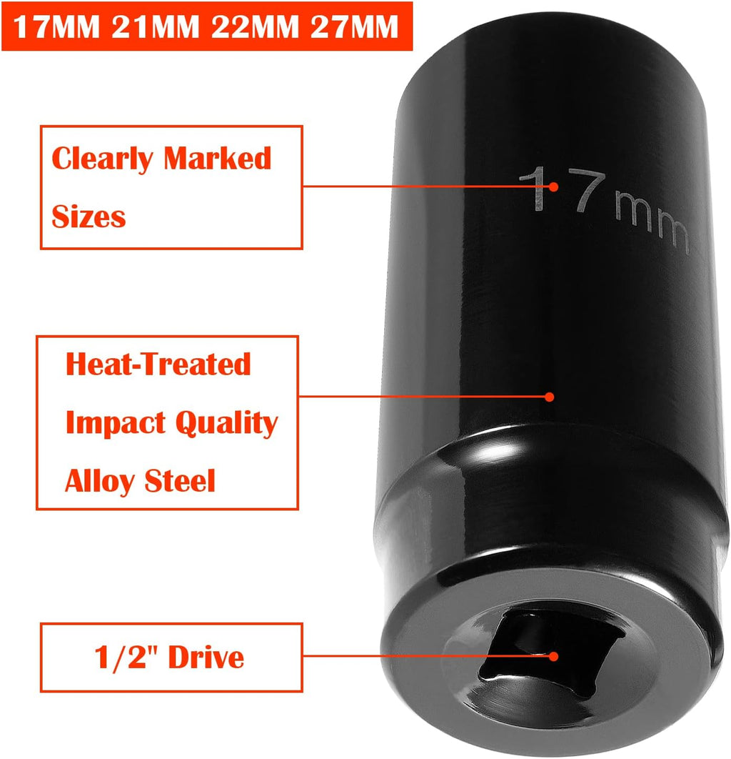 4pcs 1/2 Inch Drive Deep Impact Socket Set 17mm 21mm 22mm 27mm with Storage Case R740