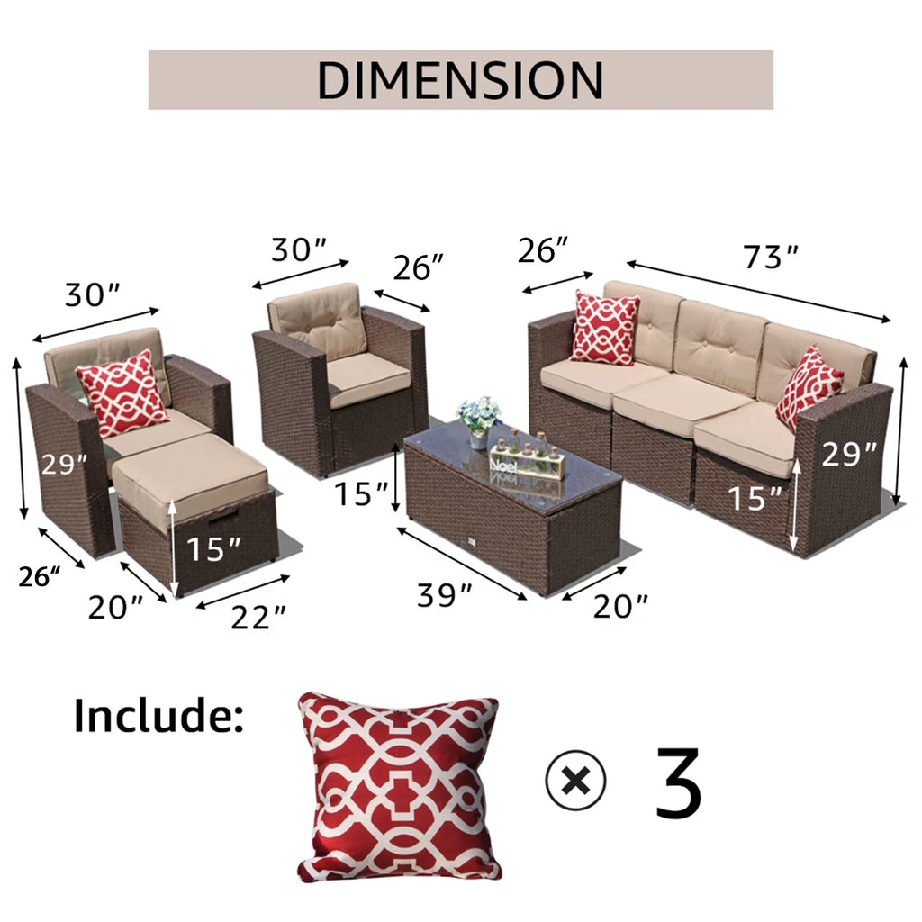 7 Pieces Rattan Patio Furniture Set with Beige Cushions B220
