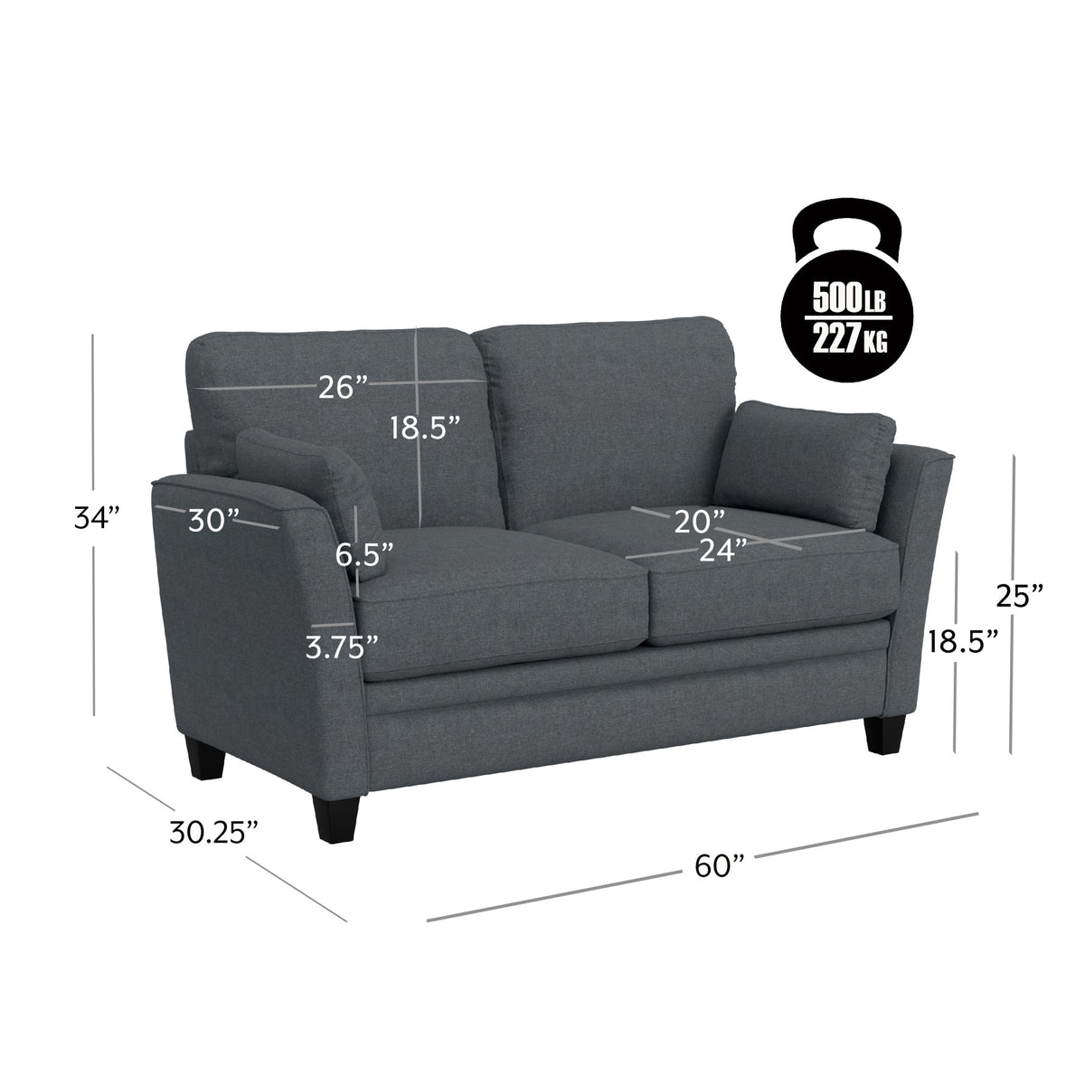 Gray Upholstered Loveseat with 2 Pillows N9305