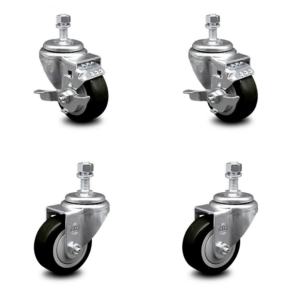 Polyurethane Swivel Threaded Stem Caster Set of 4 Black Wheels Q63838