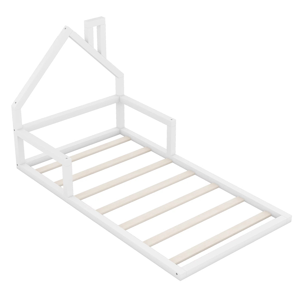 White Twin Size Wood Floor Bed with House-shaped Headboard G181