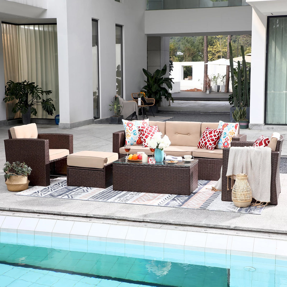 7 Pieces Rattan Patio Furniture Set with Beige Cushions B220