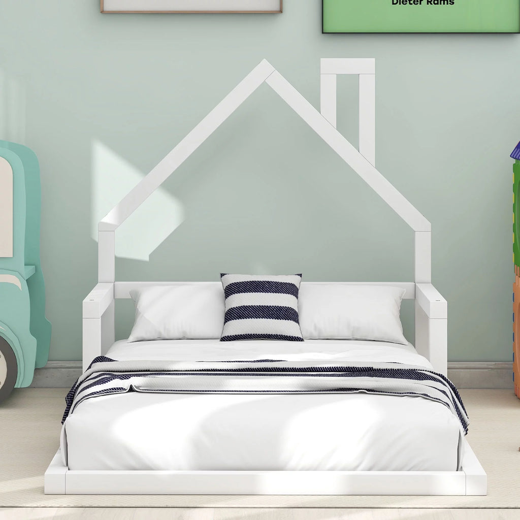 White Twin Size Wood Floor Bed with House-shaped Headboard G181