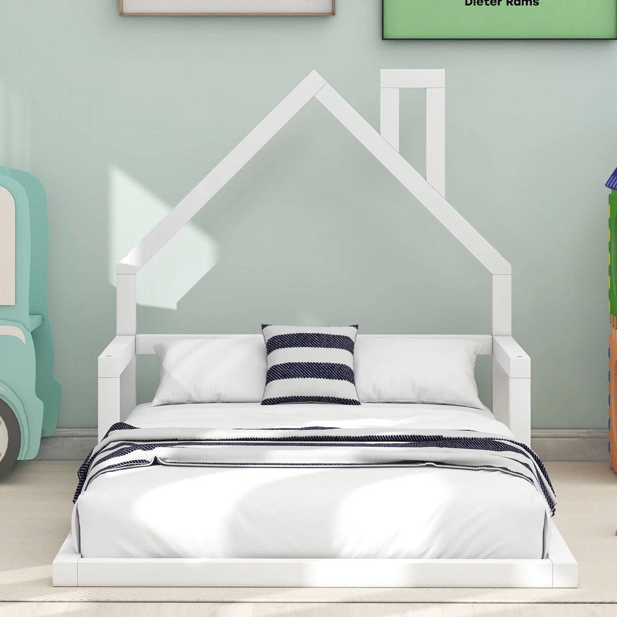 White Twin Size Wood Floor Bed with House-shaped Headboard G181