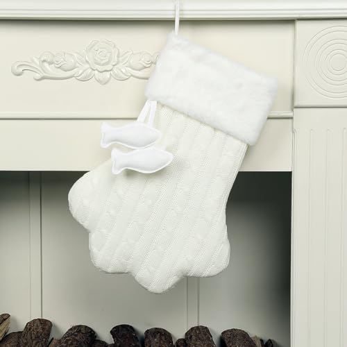 White Knit Cat Paw Christmas Stockings with Faux Fur Cuff S239