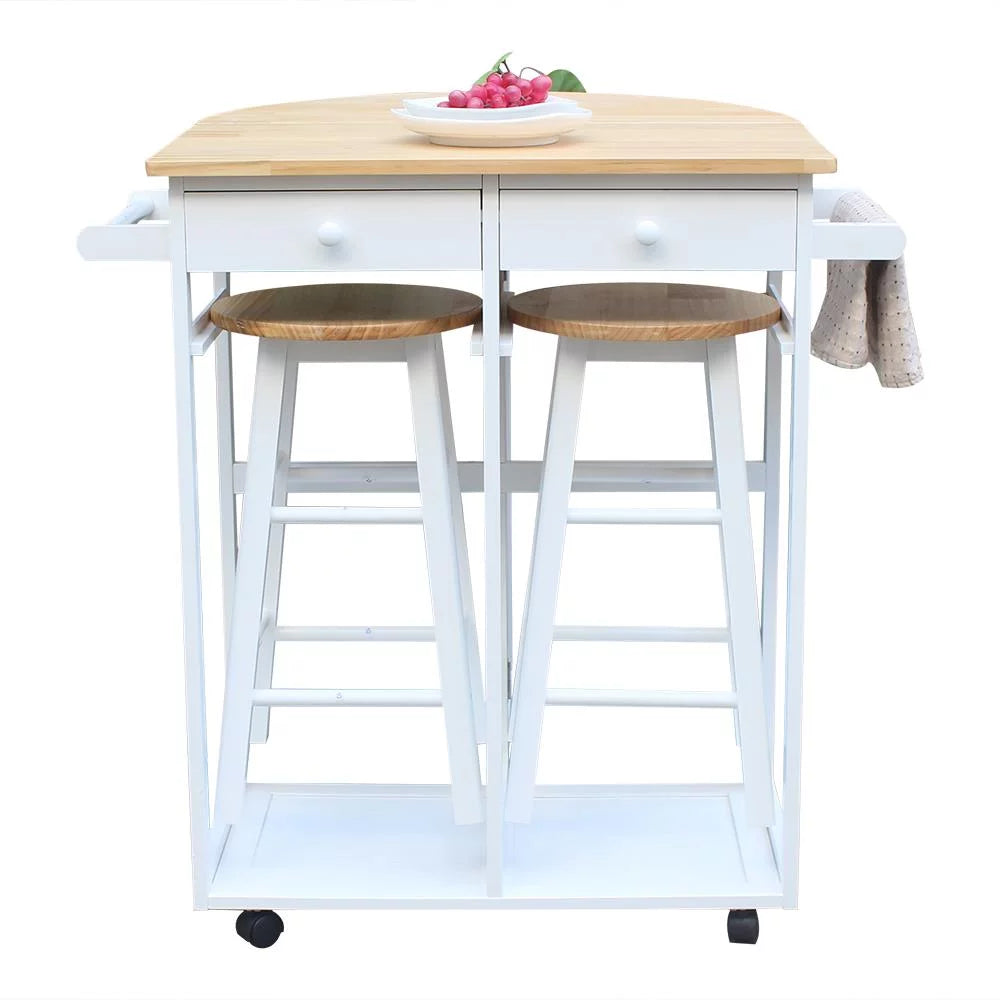 Folding Kitchen Cart Island Trolley with 2 Stools M59064
