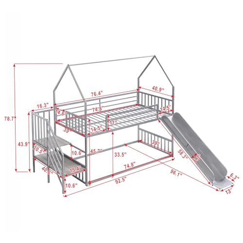 Twin Over Twin Metal Bunk Bed with Slide and Storage Staircase Y963