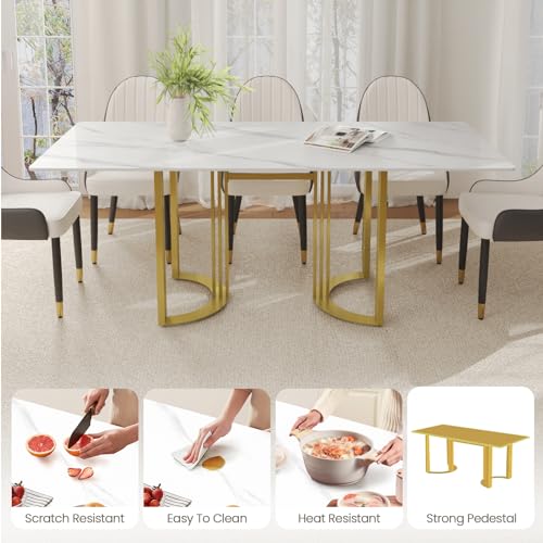 63" White Marble Dining Table with Gold Trestle Pedestal W6016