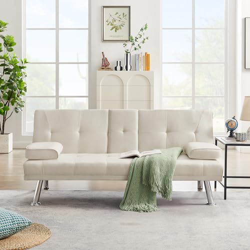 Futon Sofa Bed with Removable Armrests and 2 Cup Holders D545986