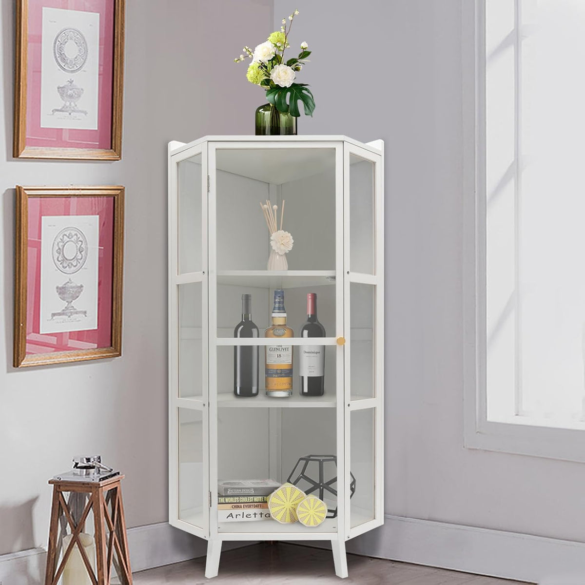 White 3-Tier Corner Storage Cabinet with Clear Door Z44216