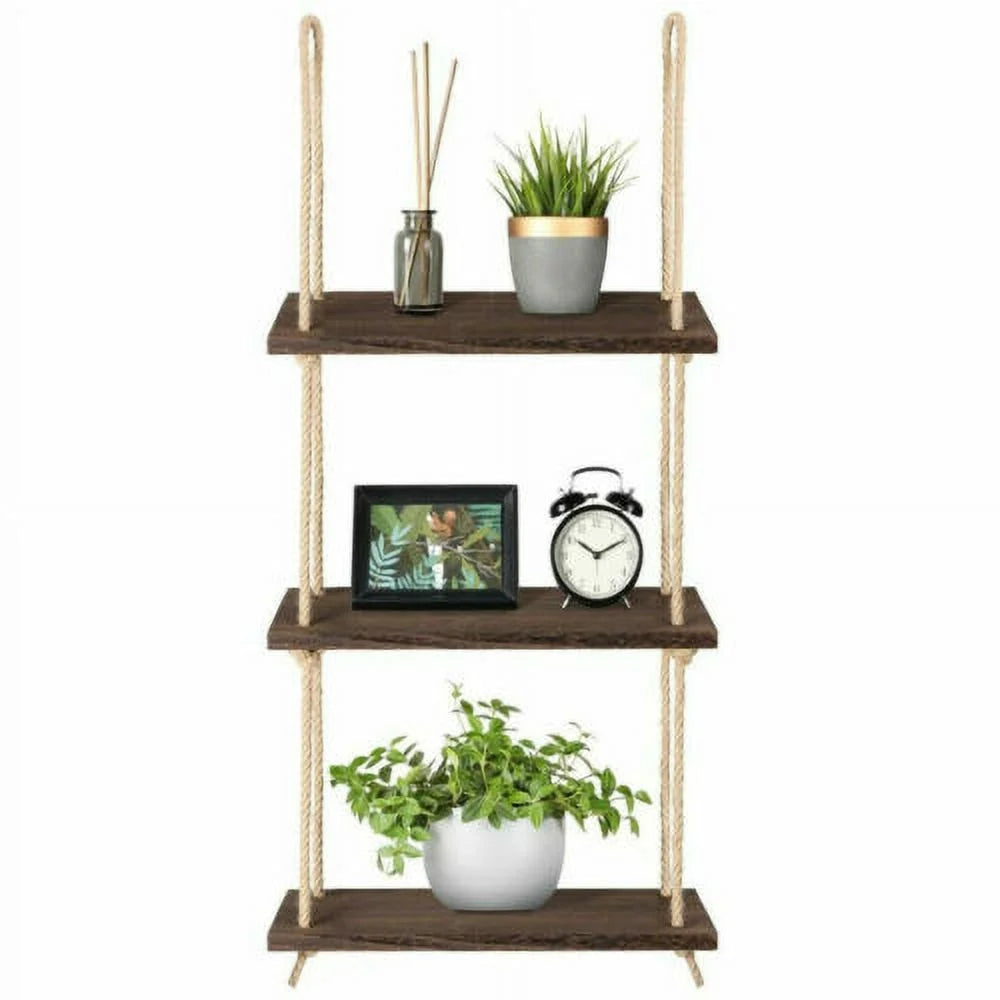Rustic Wooden 3 Tiers Wall Hanging Rope Shelf L645799