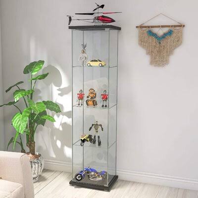 Glass Cabinet 4 Shelves with Door Floor Standing Curio Bookshelf J61061
