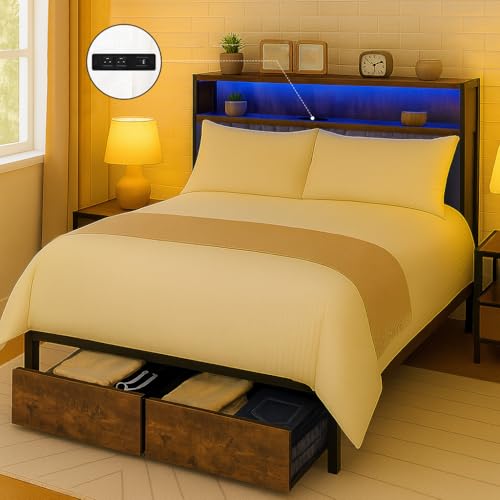 Queen Platform Bed Frame with LED Lights and Charging Station L448661