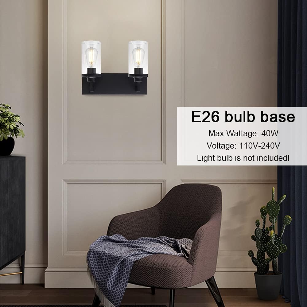 2 Light Matte Black Wall Sconces with Cylinder Glass Shade G60187