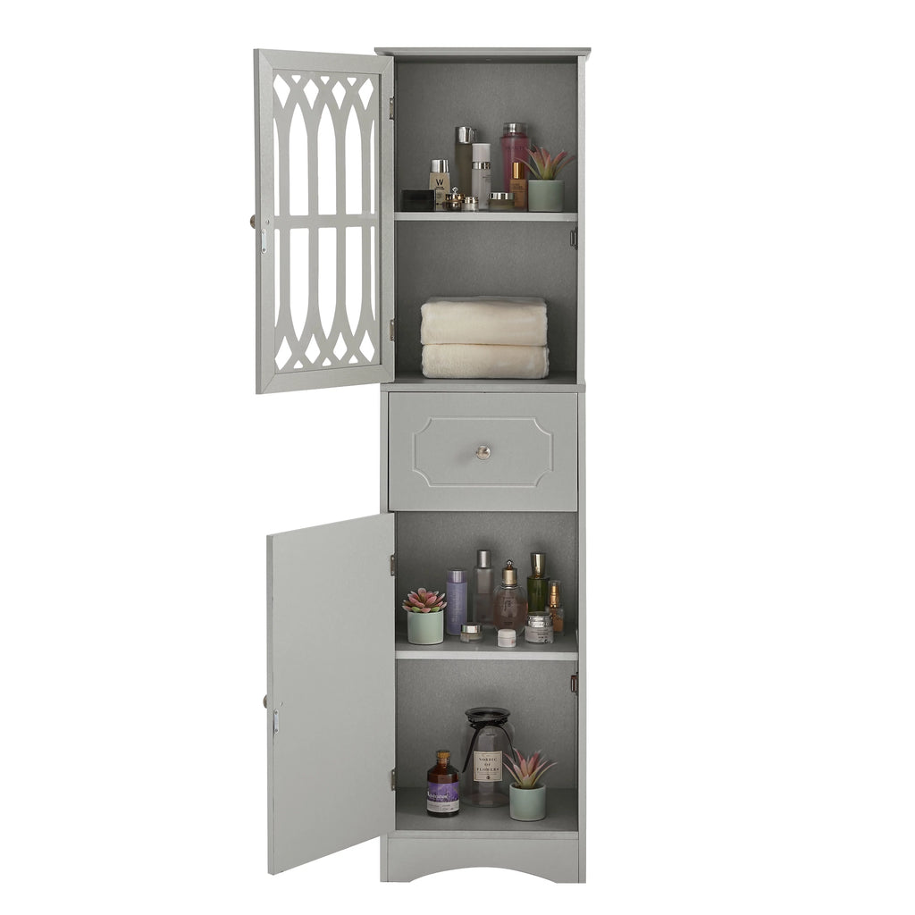Tall Bathroom Storage Cabinet with Doors Drawers Wood Floor Freestanding Organizer I47954