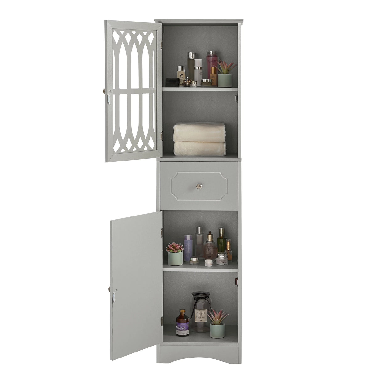 Tall Bathroom Storage Cabinet with Doors Drawers Wood Floor Freestanding Organizer I47954
