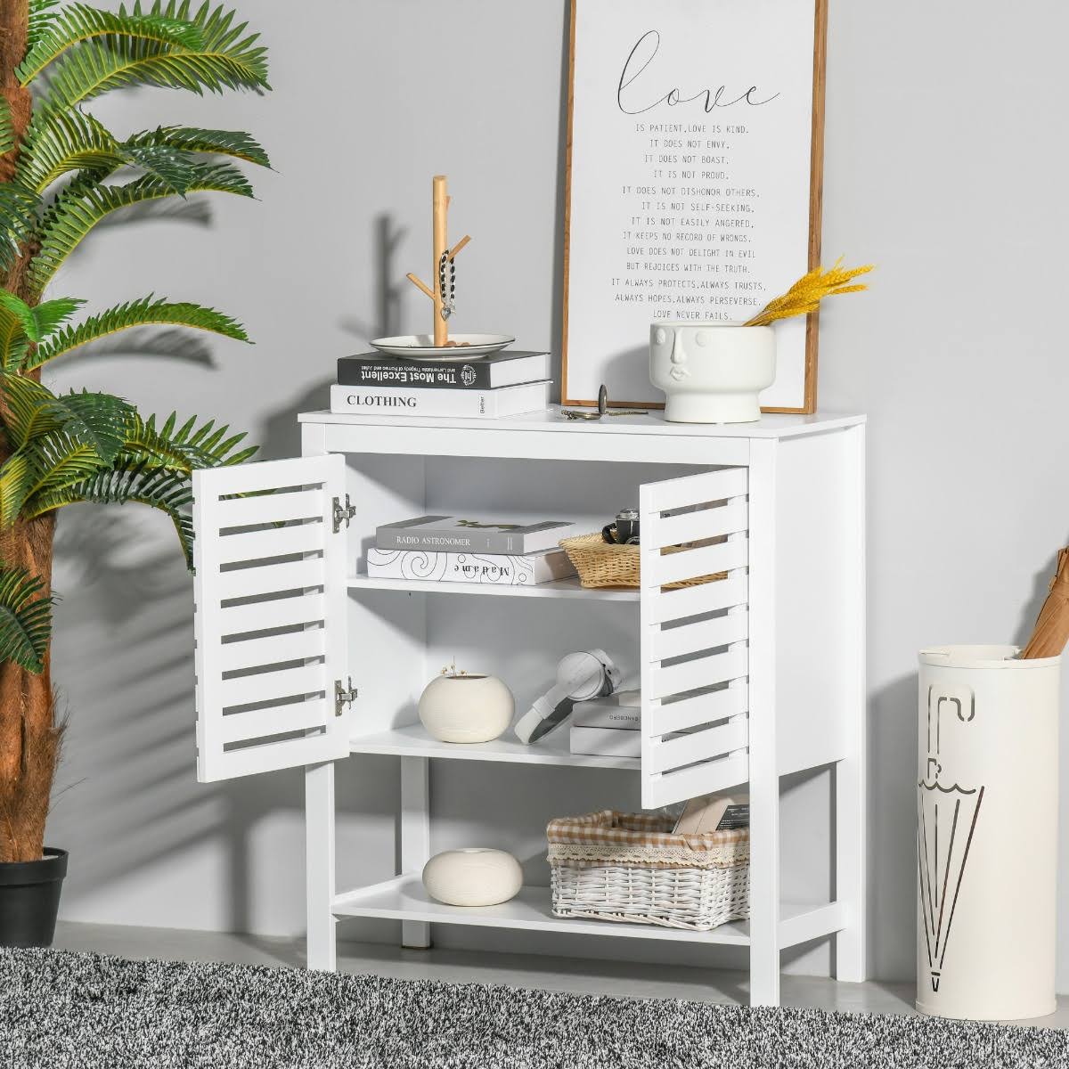 White Media Console Cabinet with Slat Double Doors and Adjustable Shelf J296317