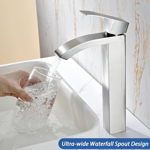 Black Tall Waterfall Single Handle 1 Hole Bathroom Faucet with Pop Up Drain and Hoses D53436