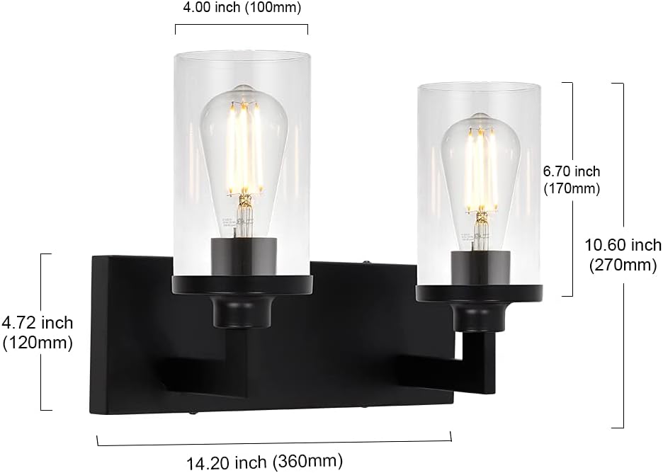 2 Light Matte Black Wall Sconces with Cylinder Glass Shade G60187