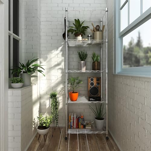 5 Tier Black Adjustable Metal Shelving Unit on Wheels B152385