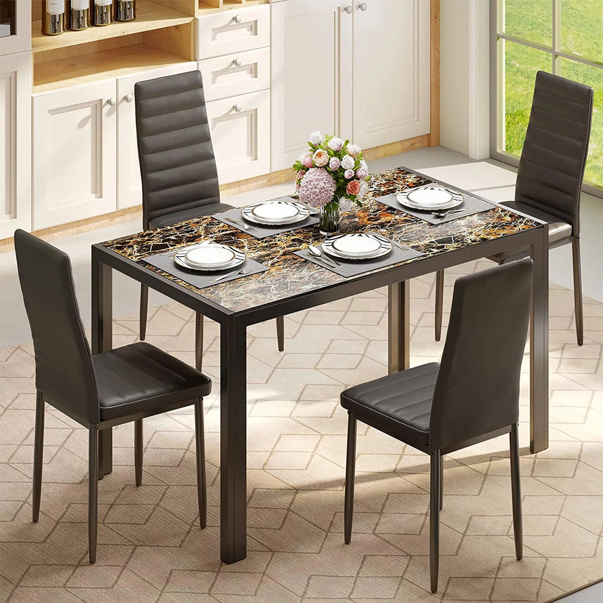 5-Piece Rectangular Kitchen Dining Table Set for 4 Black J72328
