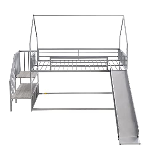 Twin Over Twin Metal Bunk Bed with Slide and Storage Staircase Y963