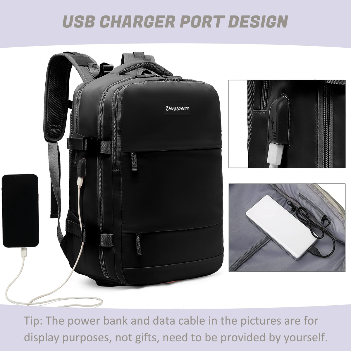 Black Waterproof Laptop Travel Backpack with USB Charging Port X643086