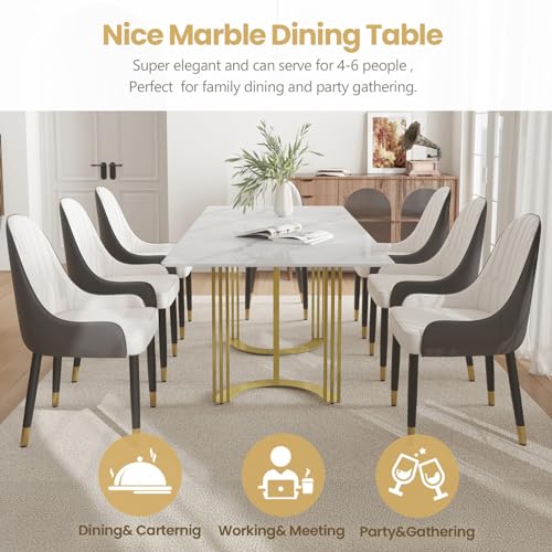 63" White Marble Dining Table with Gold Trestle Pedestal W6016
