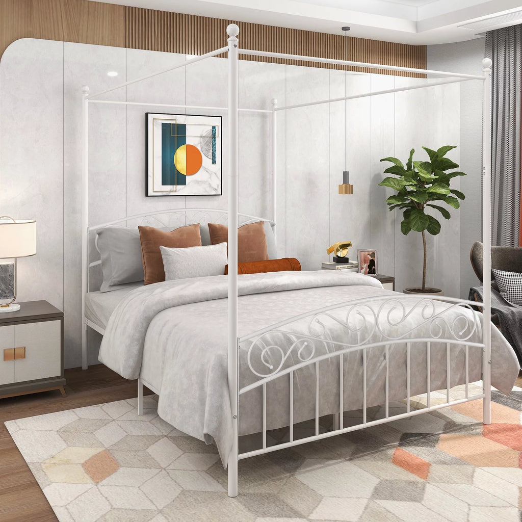 Queen Size Black Metal Canopy Bed Frame with Headboard C8429