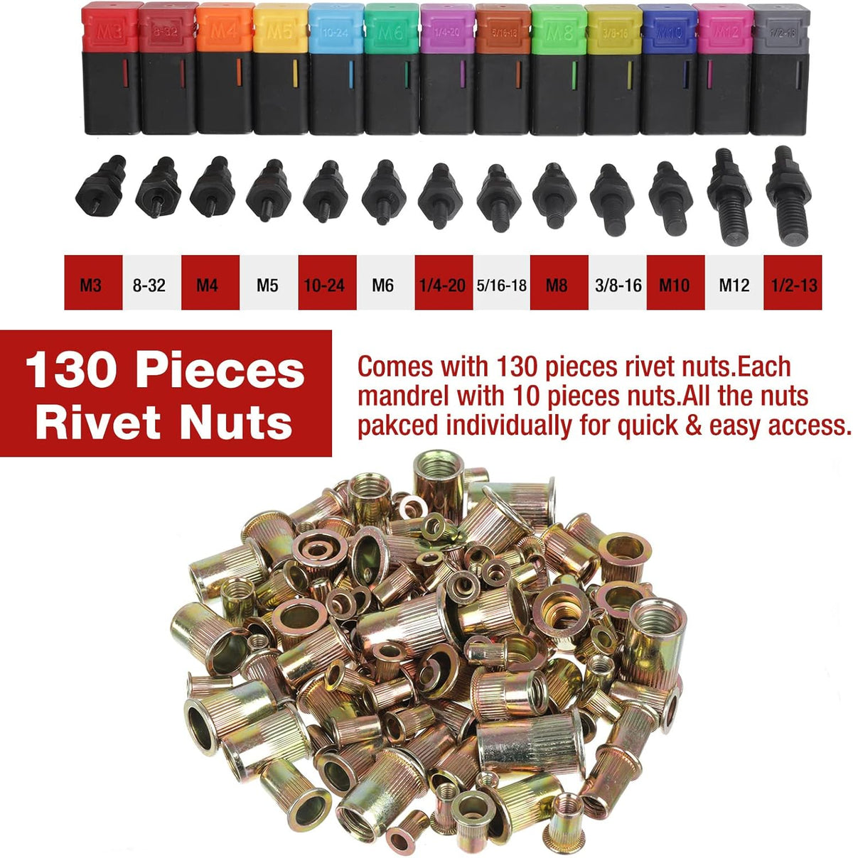 14'' Rivet Nut Tool Set Kit with 13PCS Metric & Inch Mandrels, 130PCS Rivet Nuts, Plastic Case F782